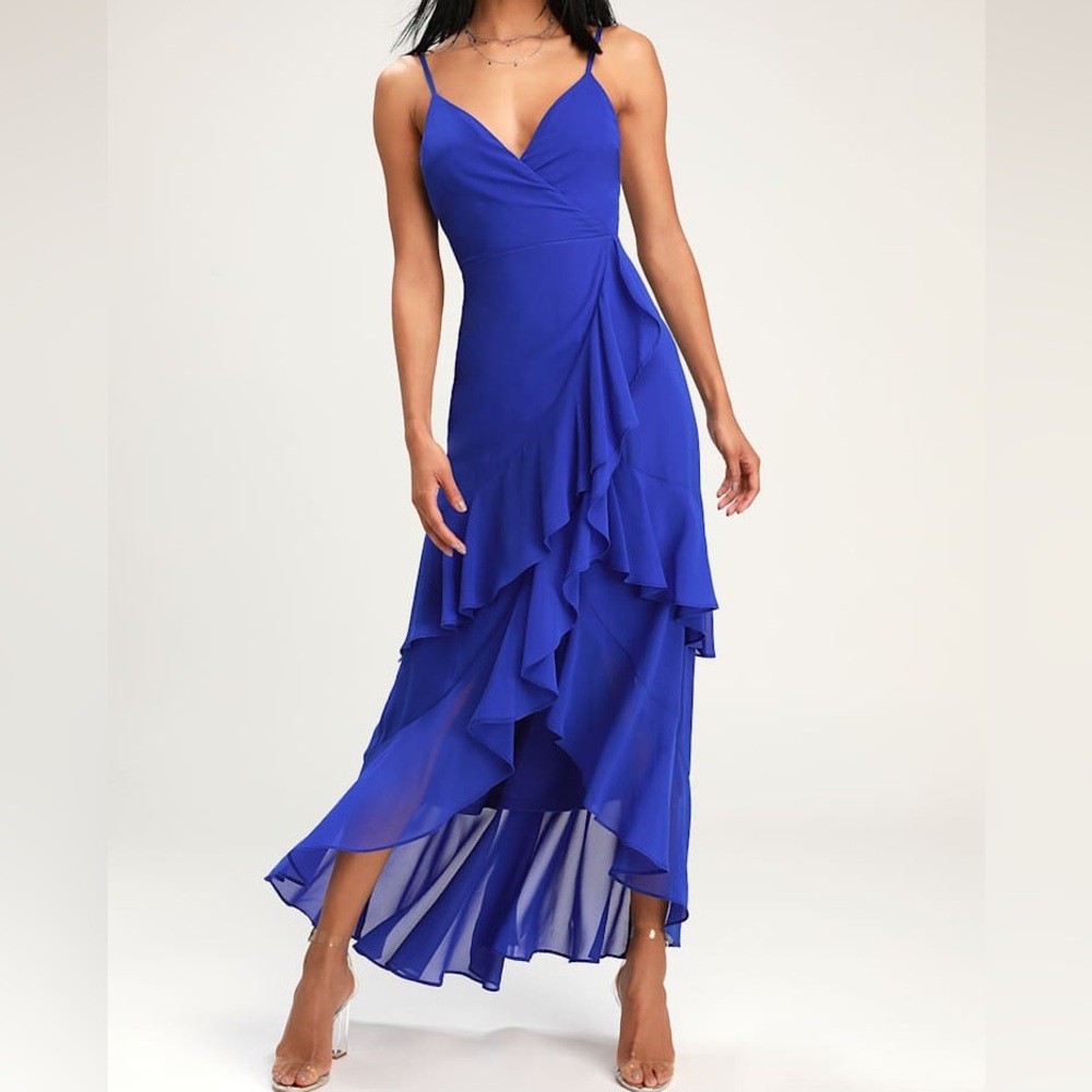 Lulus Right This‎ Sway Cobalt Blue Ruffled Maxi Dress Size L